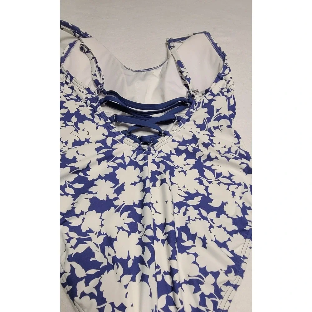 Michael Kors Women's Floral One Piece Swimsuit Blue White Lace Up Back Size 10